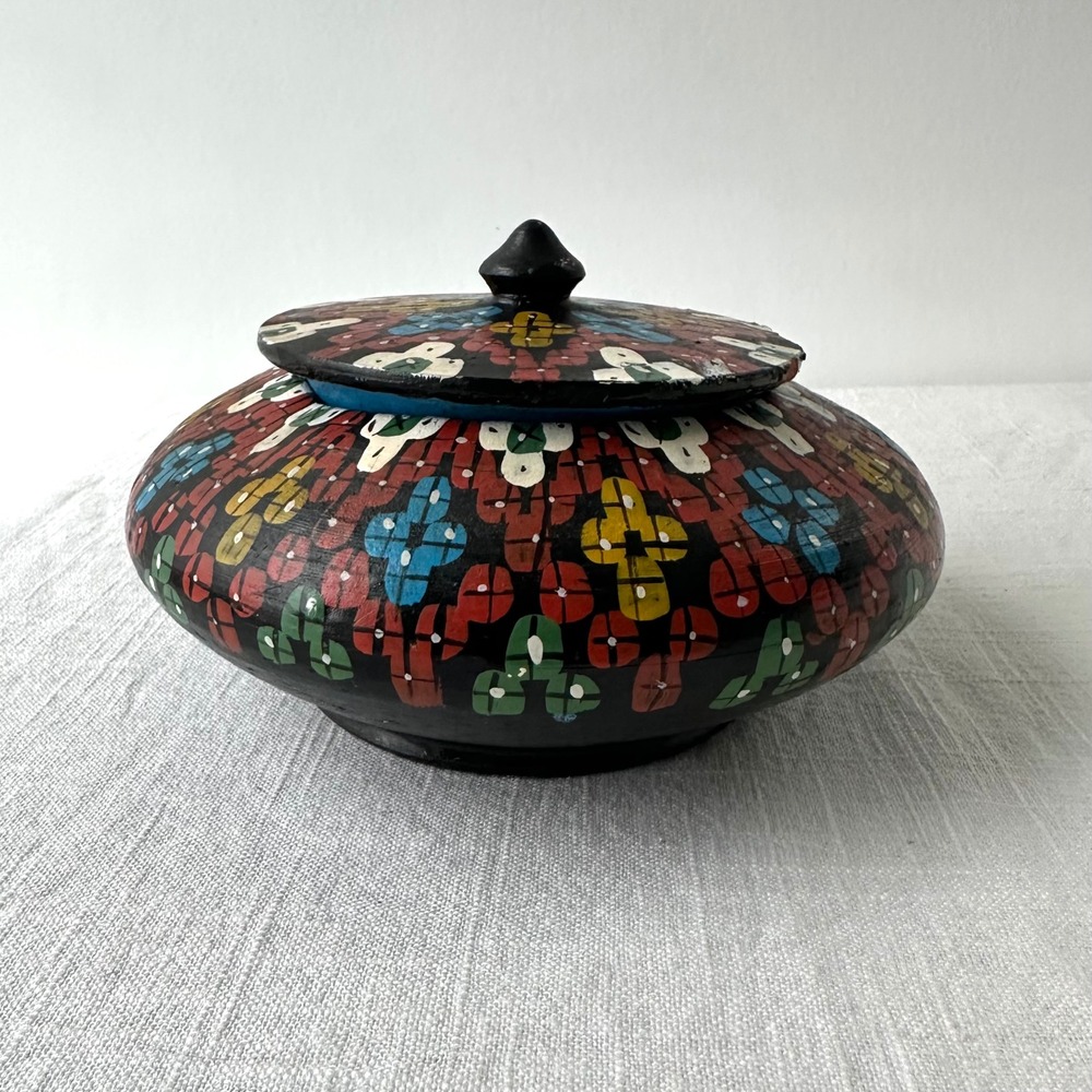 Vintage Busch Gardens Morocco Hand‎ Painted Wooden Trinket Jar Lidded Bowl